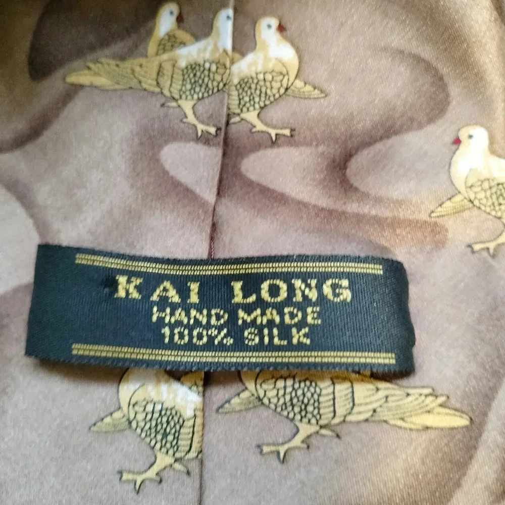 Kai Long Silk Tie Necktie Tan Brown Abstract Birds Handmade 56x4. B
